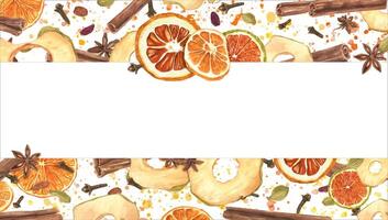 Aromatic dried fruits with winter spices horizontal border on watercolor splashes. Cinnamon sticks, dried orange, and apple slices, cardamom, anise and cloves illustration with copy space for text vector