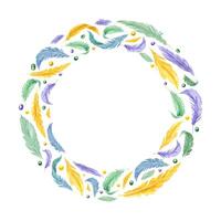 Watercolor bird feathers in Mardi Gras carnival colors wreath with empty space for text. Colorful natural plume illustration. Round frame for holiday greeting cards, invitation vector