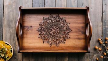 A wooden tray with a flower design on it photo