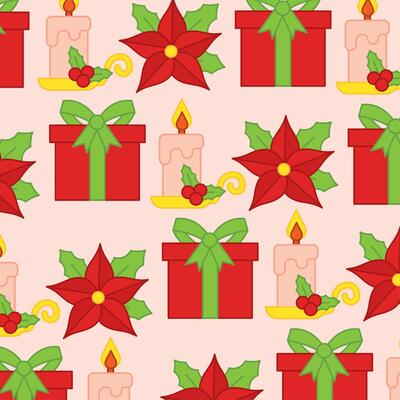 Christmas pattern with gifts and poinsettias