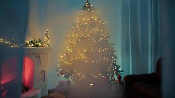 Passage Through Curtain Of Window And Christmas Tree Lit At Night video
