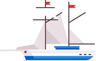 White and blue sailing ship with red flags navigating calm waters, featuring triangular sails and a streamlined hull, evokes a sense of adventure and maritime exploration vector