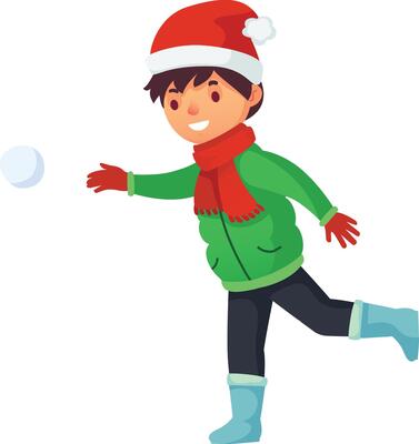 Smiling child wearing winter clothes, including a santa hat, red scarf and gloves, and blue boots, throwing a snowball while running, enjoying winter games and the festive season