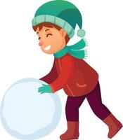 Smiling child wearing winter clothes including a red jacket, green hat and scarf, and teal gloves is rolling a giant snowball to build a snowman, enjoying winter fun vector