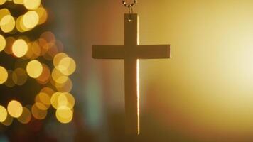 Crucifix Of A Christian Christmas In Front Of Tree Faithful Religious Background video