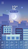 Weather forecast app displaying early fog, 12 degrees celsius, a crescent moon over city skyline at night, with weekly forecast showing varying weather conditions vector