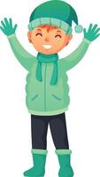 Smiling child dressed in a cozy winter hat, warm scarf, stylish jacket, gloves, and boots, enthusiastically waving and greeting, fully embracing the joy of the cold season vector