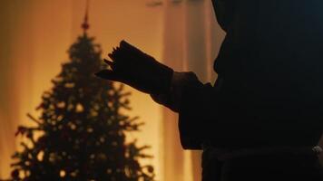 Silhouette Of A Mysterious Man Reads Book In Front Of Christmas Tree In The Room video