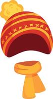 Red and orange striped knitted hat with yellow pompom and matching scarf creating a cozy and stylish winter ensemble, perfect for keeping warm during cold weather vector