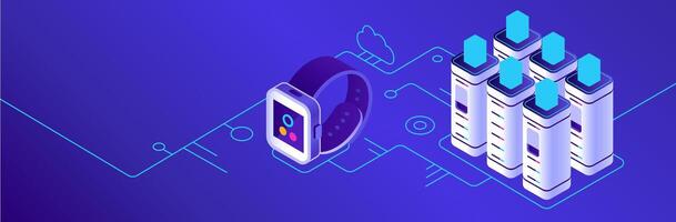 Smartwatch connecting and transferring data to a cloud server database, illustrating the advancement of technology and wearable devices in a digitally interconnected world vector
