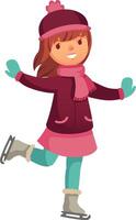 Smiling girl dressed in warm winter clothes, including a cozy hat, scarf, and gloves, joyfully ice skating with open arms, embracing the fun of winter holidays vector