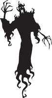 Spooky black silhouette of a screaming halloween ghost with fiery contours, floating in the air with arms raised and tattered robe, creating a creepy and eerie atmosphere vector