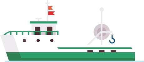 Fishing boat with winch, hook and red flags floating on the water, side view of a commercial fishing vessel used for catching fish in the ocean vector