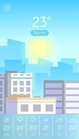 Mobile weather application displaying sunny weather with 23 degrees celsius over a city skyline, including a weekly forecast with varying conditions vector