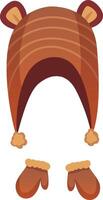 Brown striped winter hat with cute bear ears and matching mittens with fluffy trim create a cozy and playful ensemble, perfect for keeping warm during cold weather adventures vector