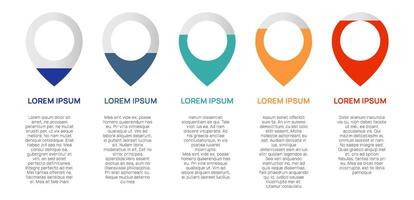 Five colorful location pin markers with sample text below, useful for infographics or website design, showing different percentages or progress levels vector