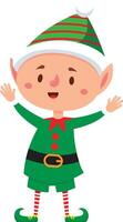 Cartoon christmas elf waving and smiling, wearing a green and red costume, isolated on a white background, perfect for christmas themed projects vector
