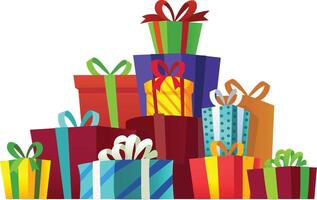 Colorful gift boxes adorned with ribbons are stacked high, creating a vibrant and festive atmosphere ideal for birthdays, holidays, or any joyful celebration vector