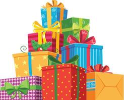 Vibrant colors and festive patterns fill a delightful pile of christmas gifts, wrapped in cheerful paper adorned with ribbons and bows, creating a joyful holiday atmosphere vector