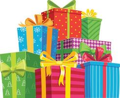 Stacked christmas gifts wrapped in vibrant, colorful paper and adorned with festive ribbons and bows, creating a joyful and cheerful atmosphere for the holiday season vector
