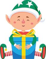 Cute christmas elf with green hat and pointy ears hugging a big blue gift box with yellow ribbon, smiling with closed eyes, expressing joy and happiness vector
