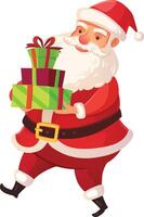 Santa claus walking joyfully while carrying a stack of beautifully wrapped christmas gifts, spreading holiday cheer and creating a sense of excitement and anticipation for all vector