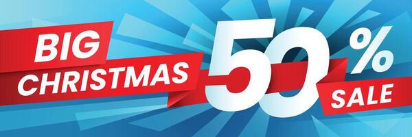 Big christmas sale advertising banner with red ribbons and a fifty percent discount offer on a vibrant blue background with abstract shapes exploding from the center vector