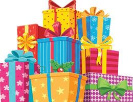 Vibrant pile of colorful christmas gifts adorned with ribbons and bows, creating a cheerful and festive holiday background perfect for celebrating the season of joy and generosity vector