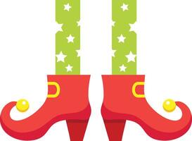 Christmas elf legs wearing green tights with white stars and red jester shoes with yellow bells and buckles, isolated on white background, in flat design style vector