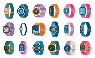 Smart watches with different colorful digital displays. Smartwatches with health, fitness and activity tracking features. Ideal for tech, lifestyle and gadget branding. illustration. vector