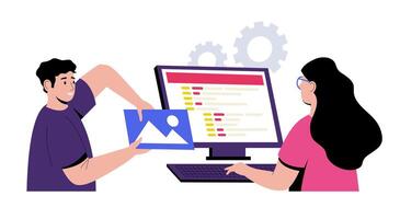 Two web developers collaborating on digital project insert an image into website code displayed on computer screen. Teamwork, technology and development topics. illustration. vector