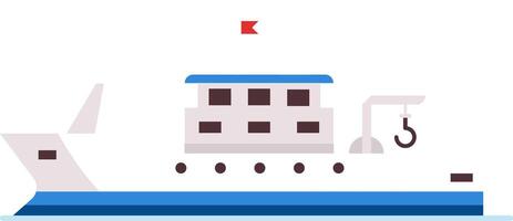 Fishing boat floating on water with crane and hook, featuring a red flag, windows, and blue and white color scheme, representing commercial fishing and maritime industries vector
