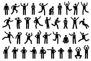 Stickman icons. Stick figures black silhouettes showing various poses and gestures, running, meditating and jumping. Ideal for infographics, design and app interfaces. Minimalist illustration vector