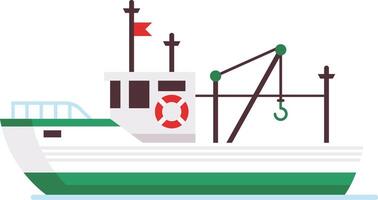 Small fishing boat floating on the water, featuring a crane equipped with a hook, designed for fishing activities, showcasing a minimalist and colorful aesthetic vector