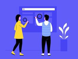 Two people using magnifying glasses to search information online with search bar on large interactive screen. Concept of teamwork online research and data analysis. Flat illustration. vector