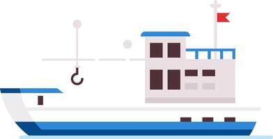 Fishing boat floating on water with crane and red flag, featuring a minimalist design with blue and white color scheme, ideal for maritime industry, fishing, and transportation concepts vector