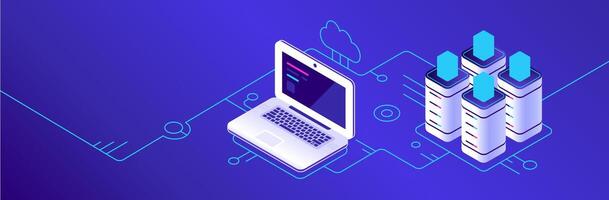 Isometric illustration representing cloud computing, with laptop connecting to server and cloud, ideal for technology and internet concepts vector