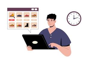 Man shopping for shoes online using laptop with digital store interface displaying footwear options. Modern concept of consumer convenience in e commerce. Flat illustration. vector