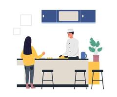 Chef in white uniform preparing food interacting with customer at kitchen counter emphasizing hospitality. Concept of professional cooking and interaction with customer. Flat illustration. vector