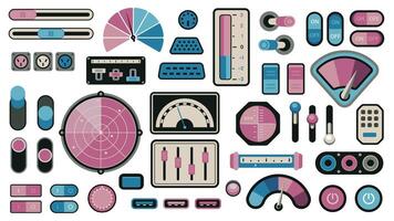 Retro control panel elements. Analog dashboard interface with measurement indicators, volume level sliders, knobs and dials. 70s-80s technology screen vector