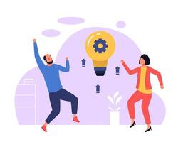 Two managers celebrating successful idea symbolized by light bulb and a gear icon. Dynamic teamwork and innovation concept for progress and success business growth. illustration. vector