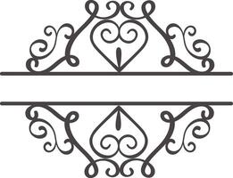 This elegant split monogram frame features ornate swirls, heart shapes, and a classic design, creating a sophisticated and romantic touch for wedding invitations, stationery, or personalized gifts vector