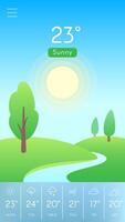 Mobile weather application displaying a sunny landscape with 23 degrees celsius, featuring trees and a river alongside a weekly forecast of varying conditions vector