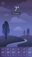 Weather forecast app displaying thunderstorm with 7 degrees celsius and weekly weather predictions including sunny, rainy, cloudy, and windy conditions on a smartphone screen vector
