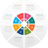 Colorful circular infographic presents data and information using distinct segments, each featuring icons and text descriptions, creating a visually engaging representation of various concepts vector