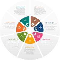 Circular infographic is divided into eight sections, each featuring an icon and a text description, providing a visual representation of various data points or concepts vector