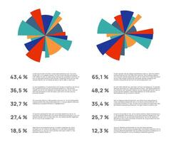 Two vibrant pie charts illustrate market share distribution, accompanied by percentages and descriptive text, providing a clear visual representation of data analysis vector