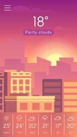 Mobile weather application displaying a partly cloudy sunset over a city skyline, with a weekly forecast showing varying weather conditions and temperatures vector