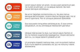 Five vibrant, numbered bullet points featuring example text, illustrating steps in a project or process, effectively conveying information in a clear and organized manner vector