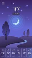 Mobile weather application featuring a clear night sky with a crescent moon, stylized trees, a winding river, and a weekly forecast with varying temperatures vector